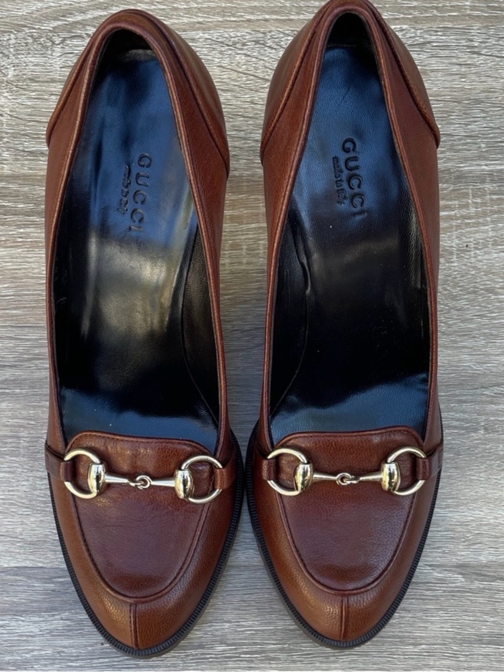 Gucci Brown Leather Horsebit Flats with Gold Hardware